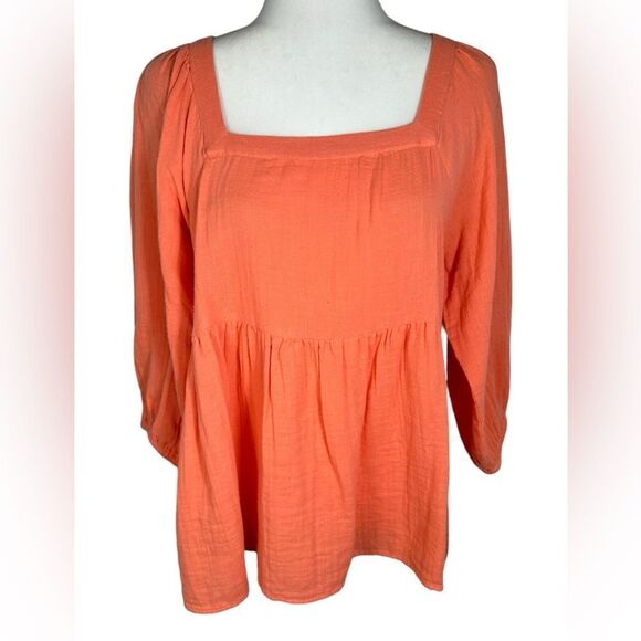 Mud Pie Sydney Orange Square Neck Gauze Babydoll Tiered Boho Top - Picture 3 of 7